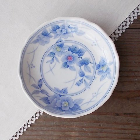 昭和レトロ食器★青色牡丹花柄二重ライン小皿12.2cm