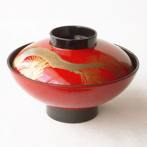 昭和の漆器【明るい朱色の朱老松内黒】お吸物椀 sk-16