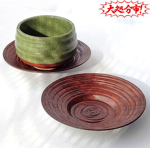 昭和レトロな御茶托/木彫乱筋栃塗/１枚