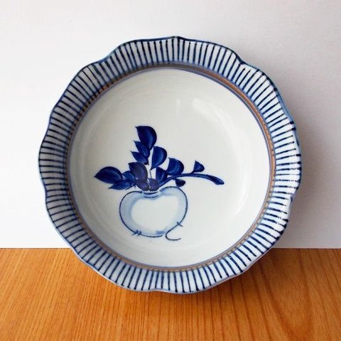 カブ野菜かぶら蕪絵茶青十草柄/深中鉢