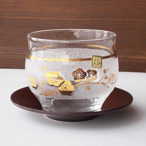 昭和レトロな冷茶グラス/金ライン梅の花キラキラ柄/カメイガラス