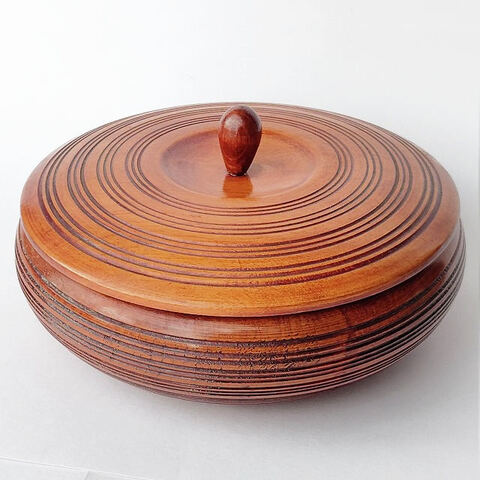 昭和レトロ漆器菓子鉢/木製【欅】千筋ダルマ型菓子器