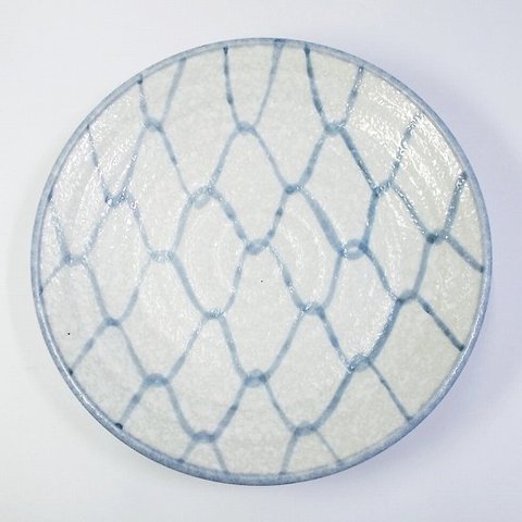 昭和レトロ食器/大きな薄青網目柄白吹き大皿26cm