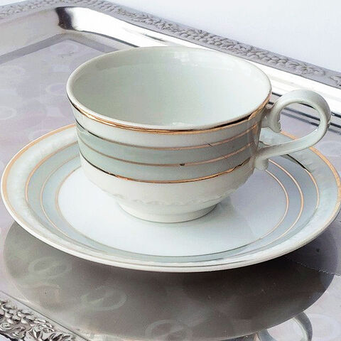 金＆ブルーグレイライン柄可愛いレリーフのコーヒーカップ＆ソーサーChuwa china