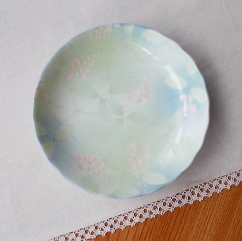 昭和レトロ食器★萩の花ヒワ色小皿11.8cm