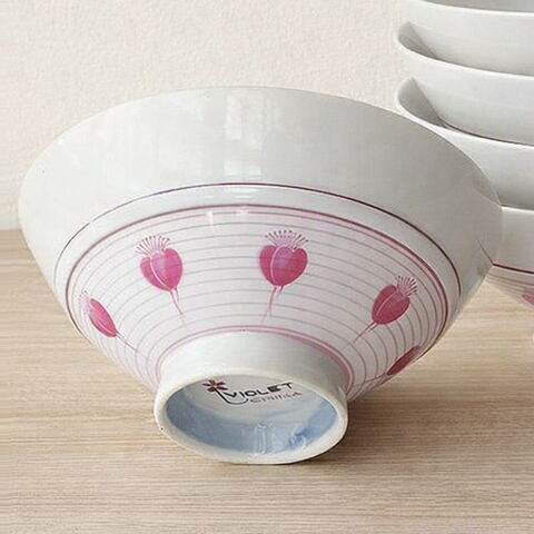 ピンクボーダー花柄レトロお茶碗violet china(中平)