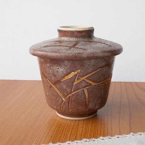 あずき色志野風金彩葦レトロ茶碗蒸し器