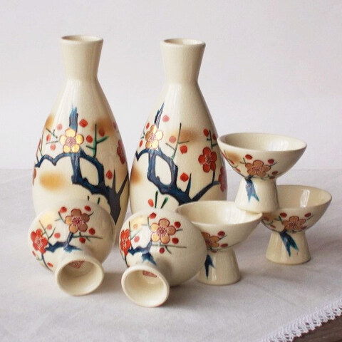 九谷焼美山/梅花枝図柄がとても素敵な酒器セット(徳利2高浜盃5)
