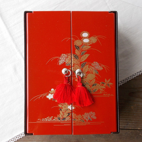 昭和レトロ/秋草菊花柄朱房付き観音開きプラ漆器/文庫書庫書類入れ