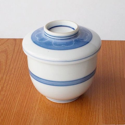 桜花紋柄蓋水色ボーダー白磁レトロ茶碗蒸し器