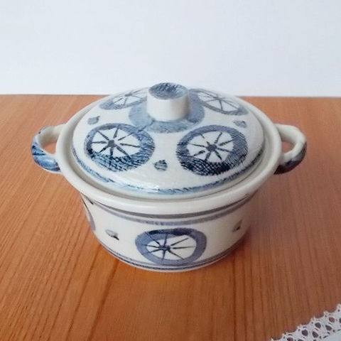 レモン輪切り柄/車輪柄/布目藍色蓋物手付き小鉢ココットグラタン皿
