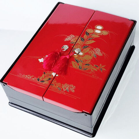 昭和レトロ/秋草菊花柄朱房付き観音開きプラ漆器/文庫書庫書類入れ