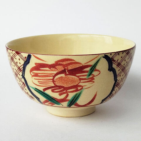 赤絵間取格子草花紋の抹茶茶碗/昭和平成レトロ茶道具①