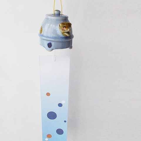 古い時代の可愛い陶器の風鈴【ぶんぶく茶釜狸さん】ブルー