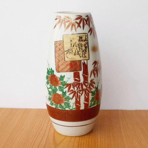 九谷焼き竹林ボタン花色紙赤金格子柄雷紋貫入円筒型花瓶★インテリアに