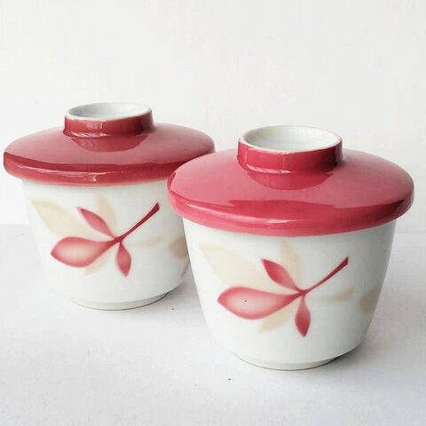 古い時代の可愛いピンク蓋グレー葉っぱ柄の茶わん蒸し器/violet china