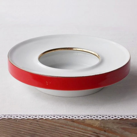 昭和レトロな陶器の灰皿/朱金ライン帽子型