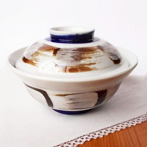 茶白刷毛目が可愛いルリ高台アンティークな蓋付き丼(小さめ)