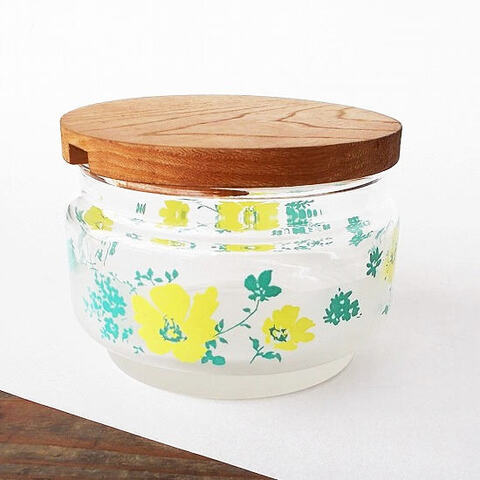 佐々木ガラス黄色ハマナス花柄の木製蓋カバーのガラスポット/昭和レトロ