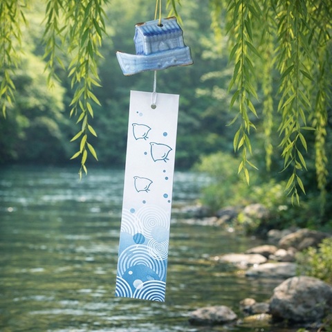 古い時代のアンティークな可愛い陶器の風鈴【屋形船】ブルー