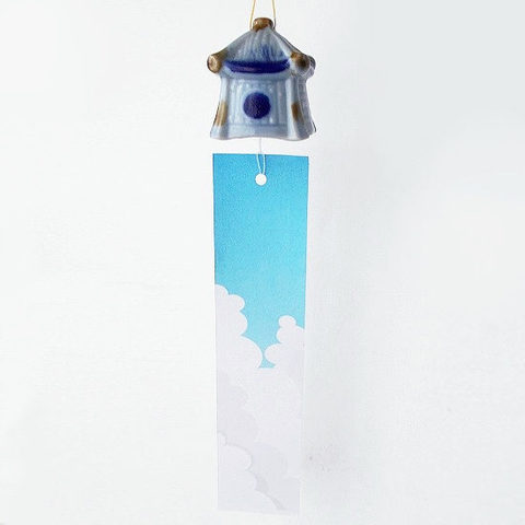 古い時代のアンティークな可愛い陶器の風鈴【灯篭】ブルー
