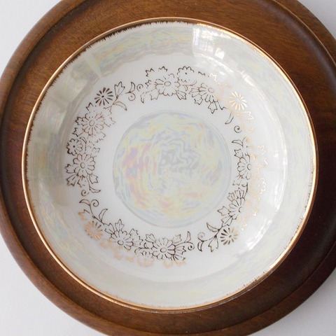 昭和レトロ可愛い金乳白色ラスター彩金プリント花柄お皿14.3cm