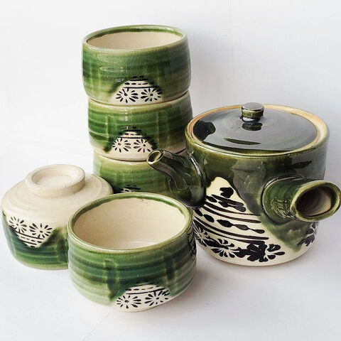 アンティークな雰囲気の織部貫入切立菊花柄急須1＋湯呑み5の茶器セット