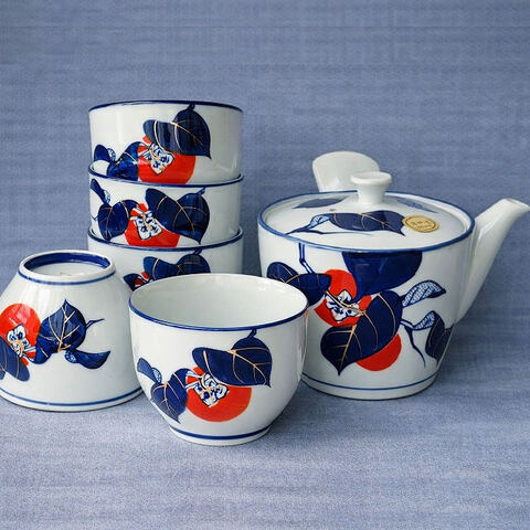 昭和レトロな有田焼き/紺金赤色の柿の柄の茶器セット