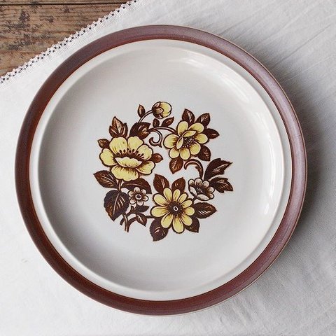 ストーンウエア昭和レトロブラウンラインお花の大皿30cm