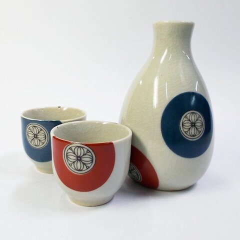 昭和レトロ食器/可愛い赤青丸紋花菱柄貫入酒器シリーズ