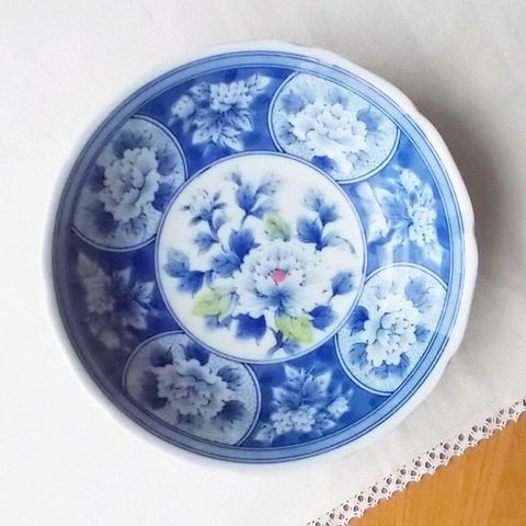 昭和レトロ食器/間取り牡丹青鶸ピンク花柄白地の深皿/平中鉢