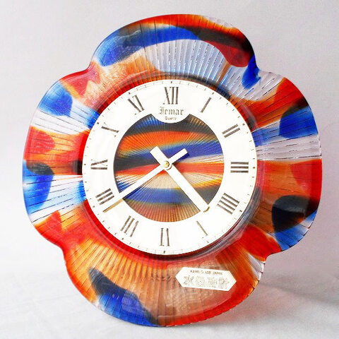 レア品♪カメイガラス/イエマール水晶発振時計【赤＆青＆クリア】マーブルクォーツ置時計/壁掛け時計