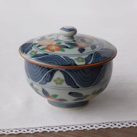 昭和レトロ茶器/有田焼き牡丹花柄の蓋付き湯呑み