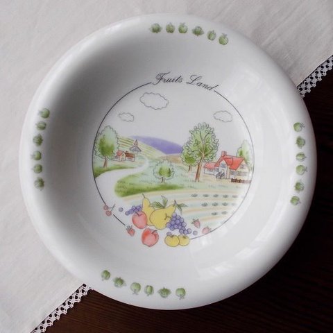 レトロパステルメルヘン調風景＆フルーツ野菜柄の深み洋皿/カレー皿