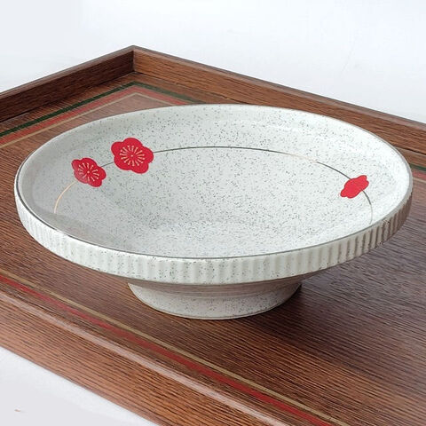 縁切立レリーフ梨地銀ライン赤い梅花柄が可愛い朝顔形高台大鉢