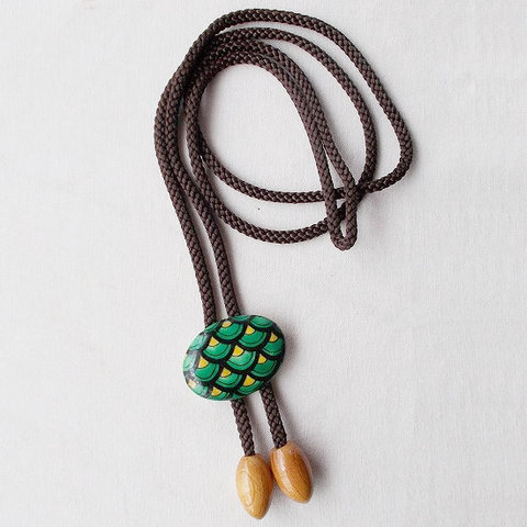 昭和レトロ/九谷焼のループタイ/ネクタイ棒タイ【青海波グリーン黄色ループ黒】