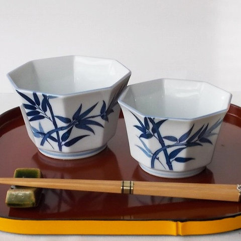 昭和レトロ食器/藍色の竹林笹の葉柄の粋な八角形型中鉢