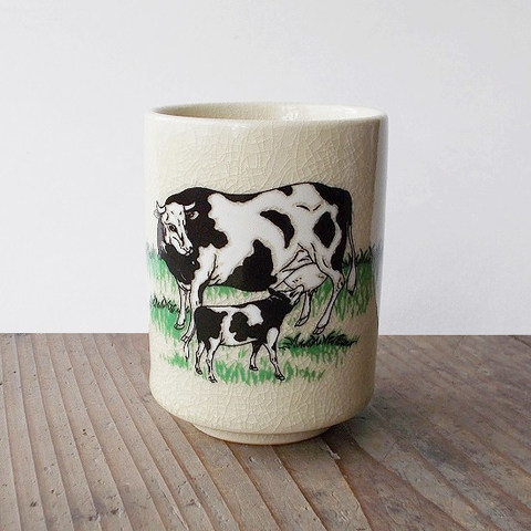 【2021年干支丑図】牛図柄九谷焼(白・親子図)湯呑み