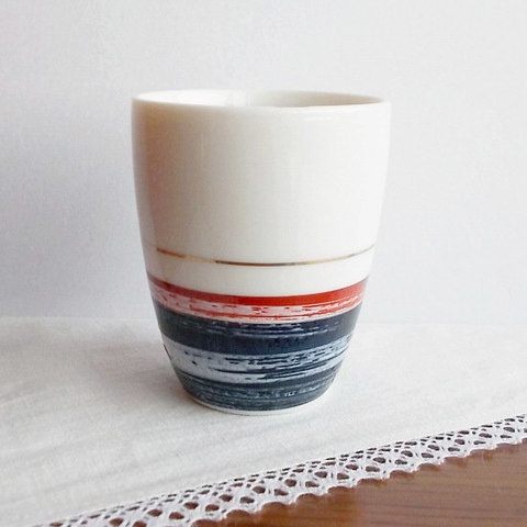 ★昭和30年代★レトロなマロン湯呑み【金ライン刷毛目トリコロール】