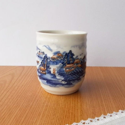 山水絵ろくろめアイボリー長湯呑み