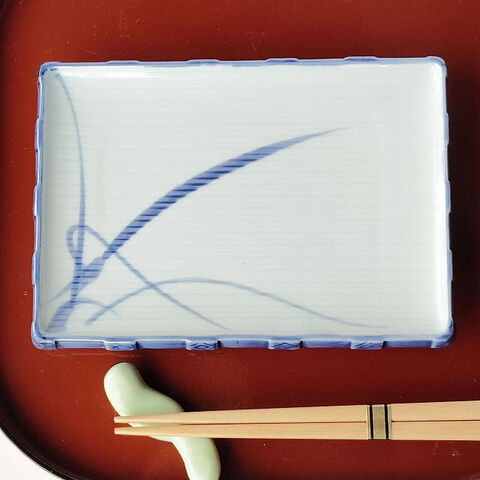 藍フチ千段葦の葉柄のレトロな長角皿/焼き物刺身皿