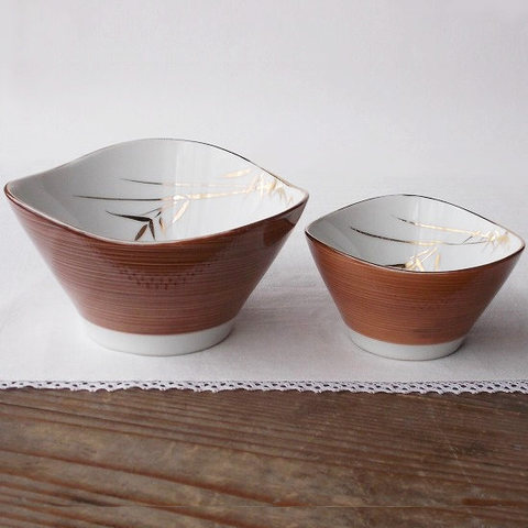 昭和レトロ食器/茶巻き金笹変形レトロモダン笹の葉柄中ぢよく中鉢