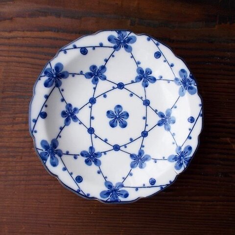 昭和レトロ豆皿小皿★藍色梅の花網目柄花形小皿12cm