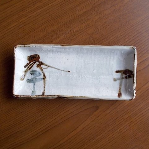 さび白刷毛目山水松レトロ長角焼き物皿