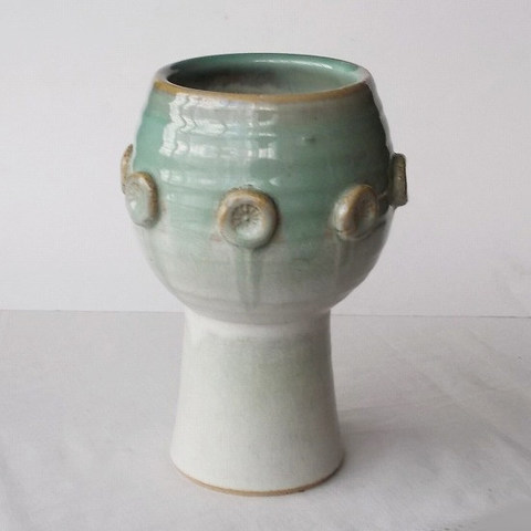 昭和レトロな水盤/花器【水色ぼかし古代風デザイン】