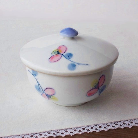 昭和レトロ茶器/有田焼きピンク素朴な可愛い花柄の蓋付き湯呑み
