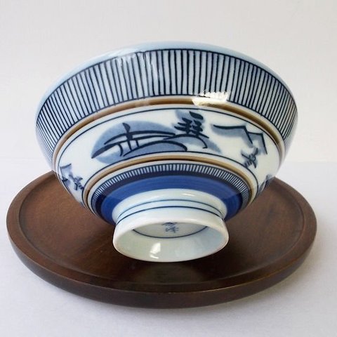 大きなお茶碗★茶藍十草山水図柄の毛料お茶碗