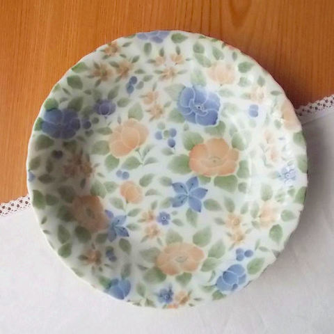 総花柄オレンジ紫バラ牡丹桔梗小花柄フチ波深型カレー皿