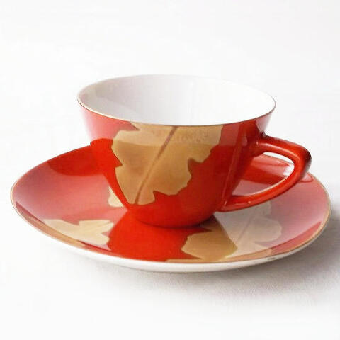 総朱オレンジベージュ芭蕉葉っぱ柄のコーヒーカップ＆ソーサ―Maruka china