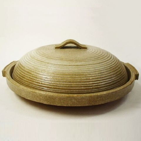 陶板焼きに♪万古焼き薄茶白刷毛目千段模様の蓋付き陶板8号25cm